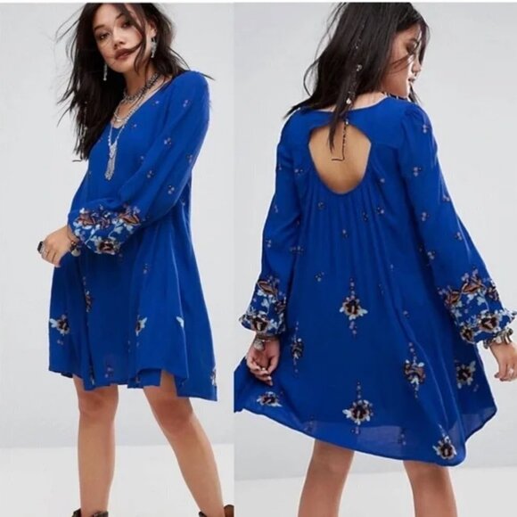 Free People Oxford Embroidered Blue Long Sleeve Cutout Back Mini Shift Dress M - Picture 4 of 16